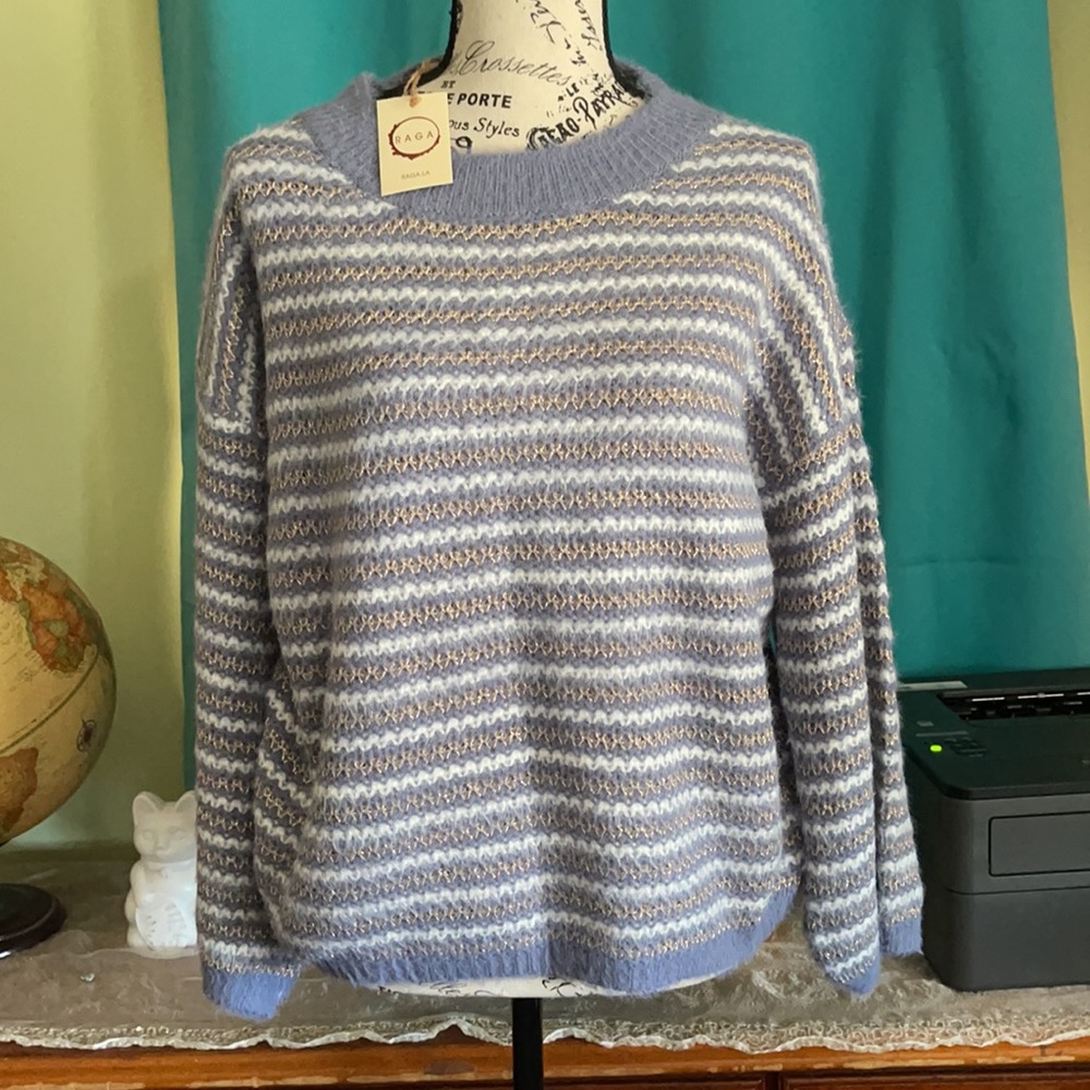 Anthropologie Raga  blue gold pullover sweater S - Picture 2 of 3